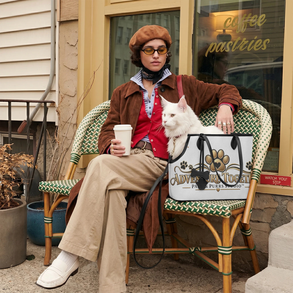 White dog in the Adventure Together pet carrier tote beside a person seated outside a cafe.