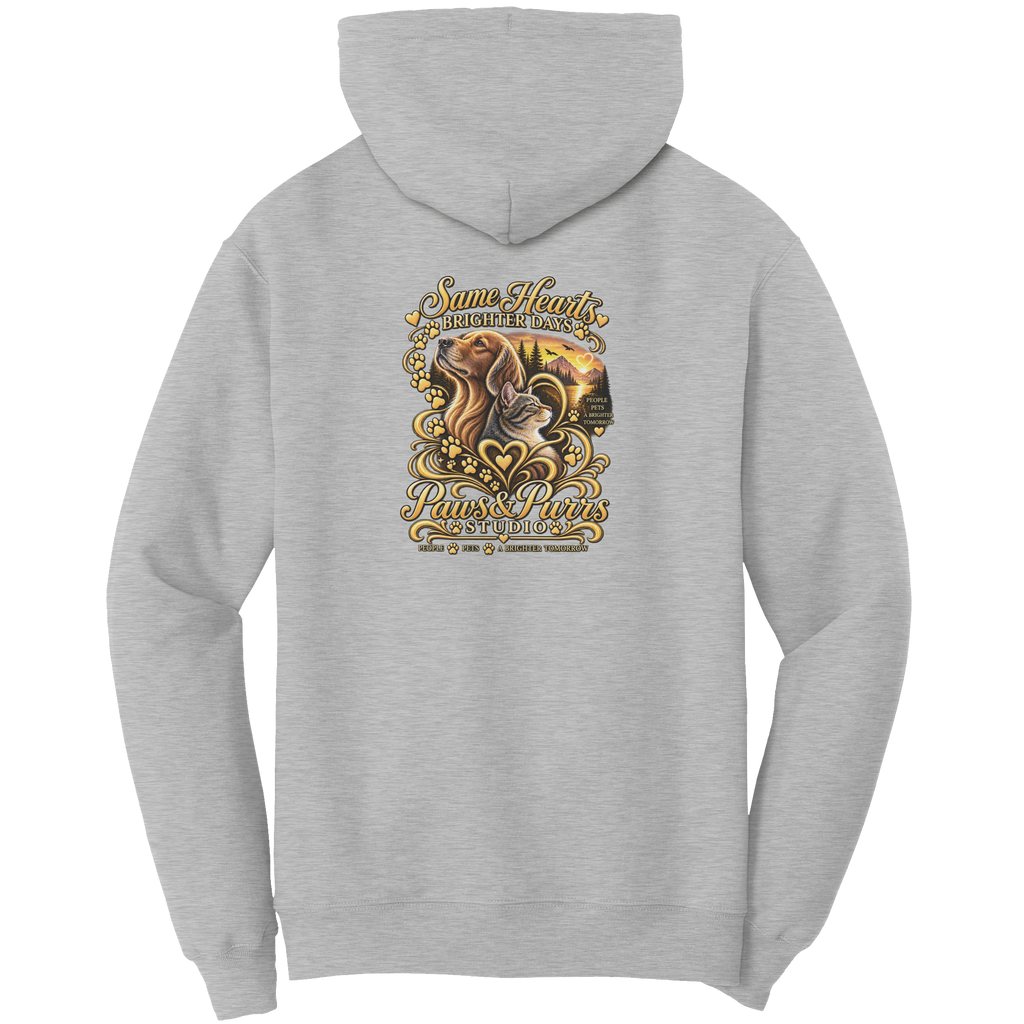 Ash hoodie, back view with Same Hearts, Brighter Days lettering, dog-and-cat artwork, paw prints and sunset.
