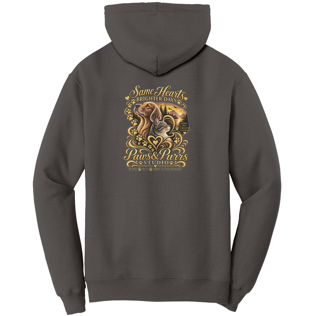 Charcoal hoodie, back view with Same Hearts, Brighter Days lettering, dog-and-cat artwork, paw prints and sunset.