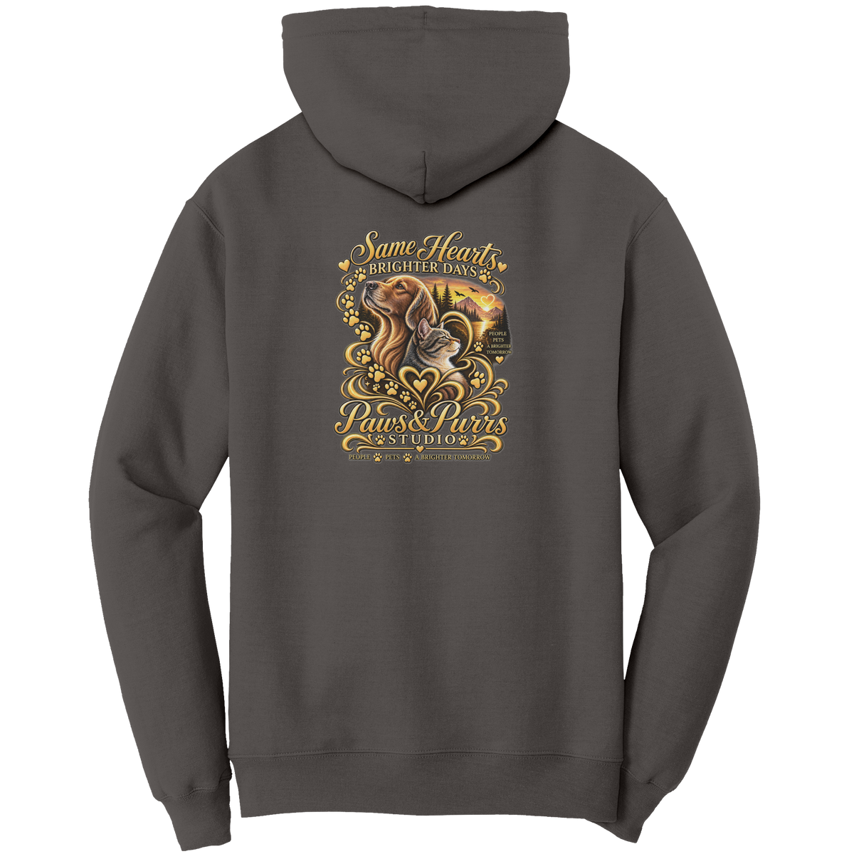 Charcoal hoodie, back view with Same Hearts, Brighter Days lettering, dog-and-cat artwork, paw prints and sunset.