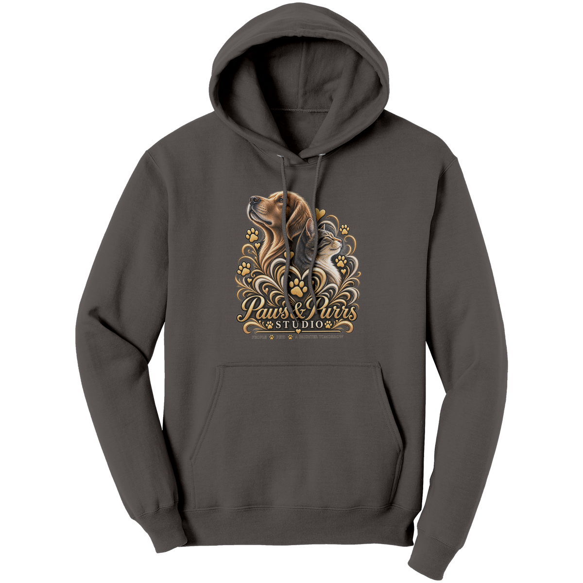 Charcoal pet lover hoodie, front view with gold-tone dog-and-cat artwork and Paws & Purrs Studio lettering.