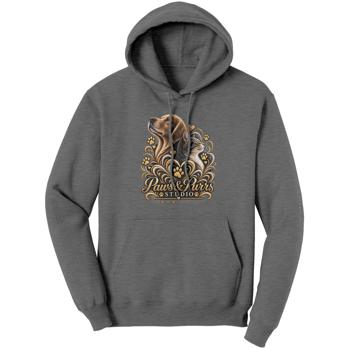 Graphite Heather pet lover hoodie, front view with gold-tone dog-and-cat artwork and Paws & Purrs Studio lettering.