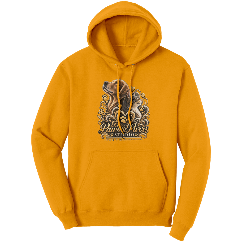 Gold pet lover hoodie, front view with gold-tone dog-and-cat artwork and Paws & Purrs Studio lettering.