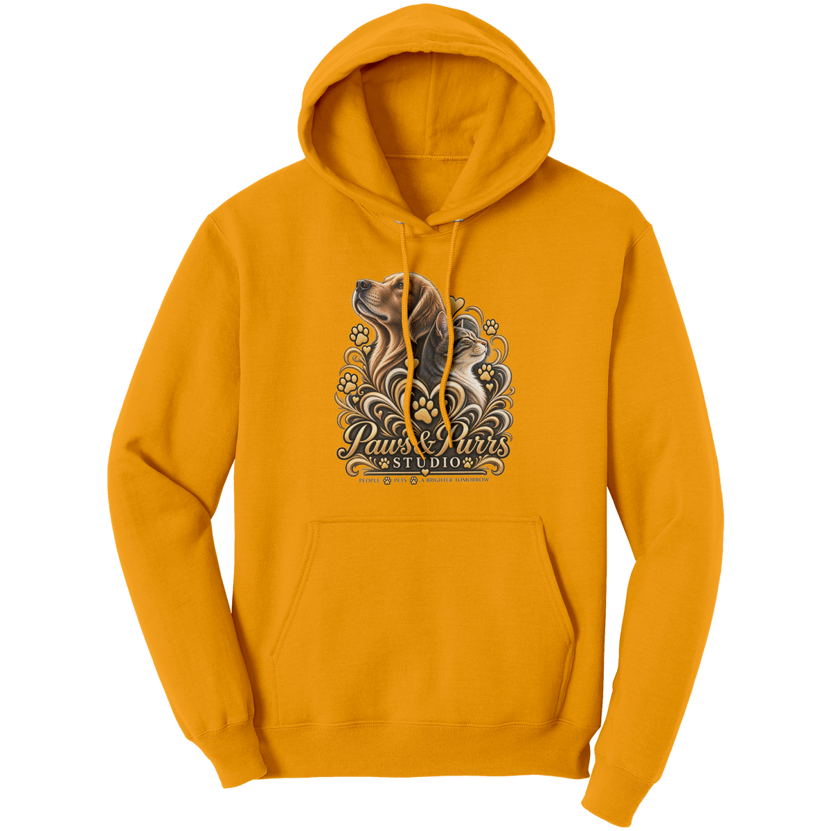 Gold pet lover hoodie, front view with gold-tone dog-and-cat artwork and Paws & Purrs Studio lettering.
