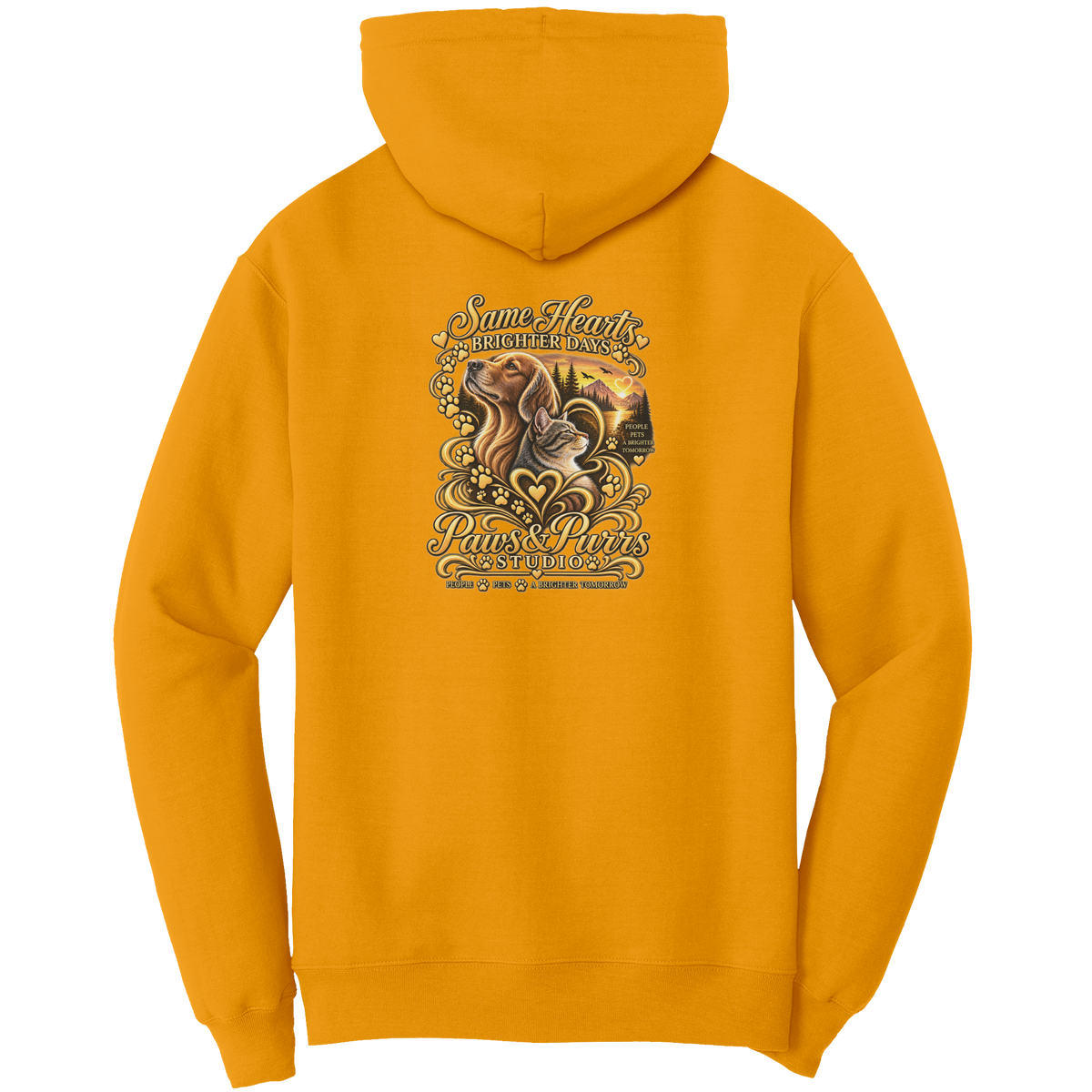 Gold hoodie, back view with Same Hearts, Brighter Days lettering, dog-and-cat artwork, paw prints and sunset.