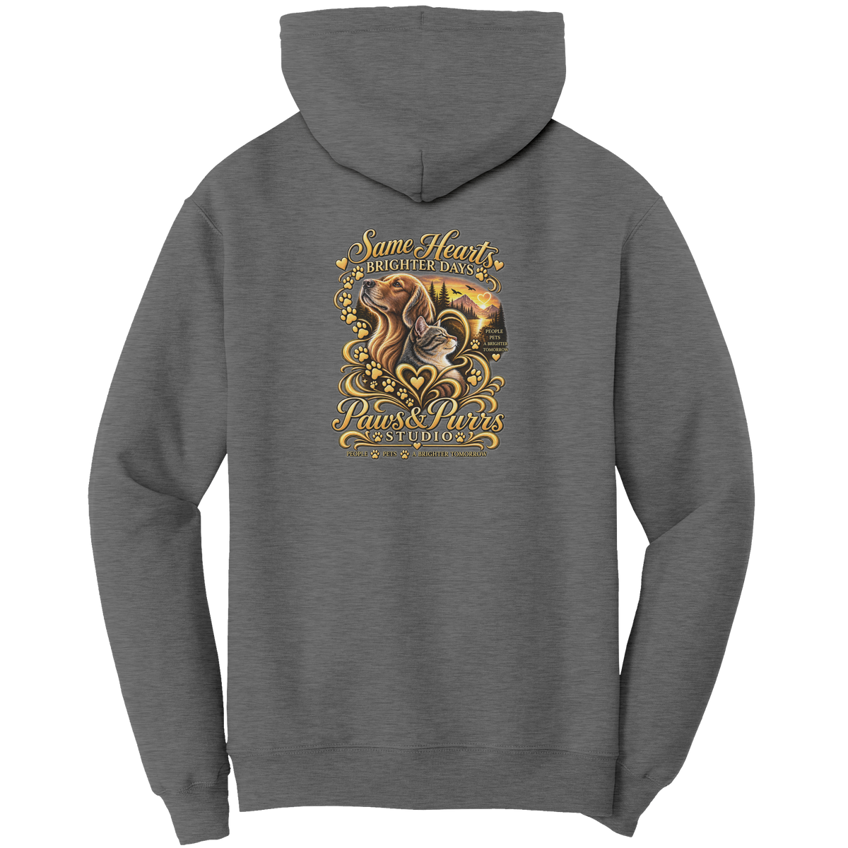 Graphite Heather hoodie, back view with Same Hearts, Brighter Days lettering, dog-and-cat artwork, paw prints and sunset.