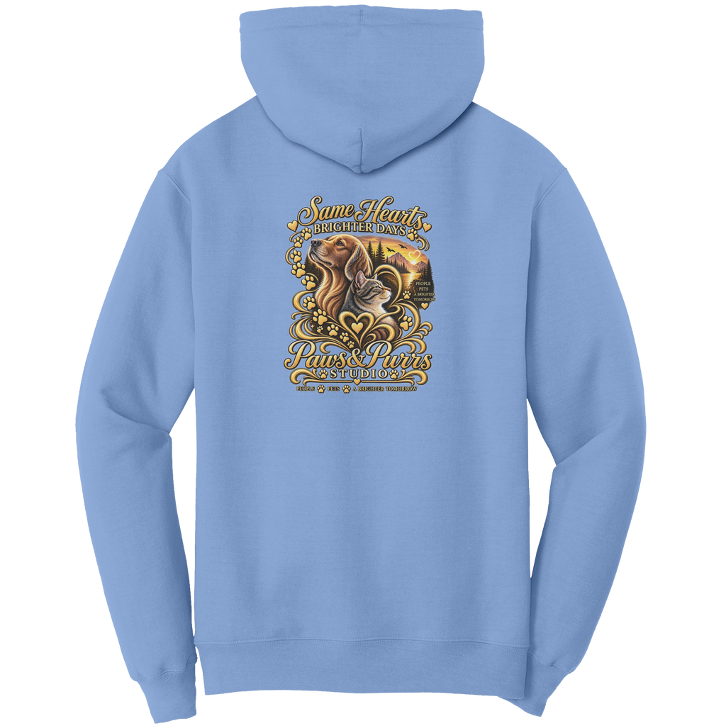 Light Blue hoodie, back view with Same Hearts, Brighter Days lettering, dog-and-cat artwork, paw prints and sunset.