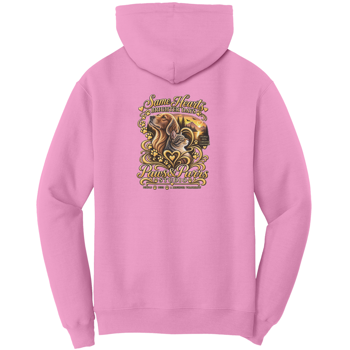 Light Pink hoodie, back view with Same Hearts, Brighter Days lettering, dog-and-cat artwork, paw prints and sunset.