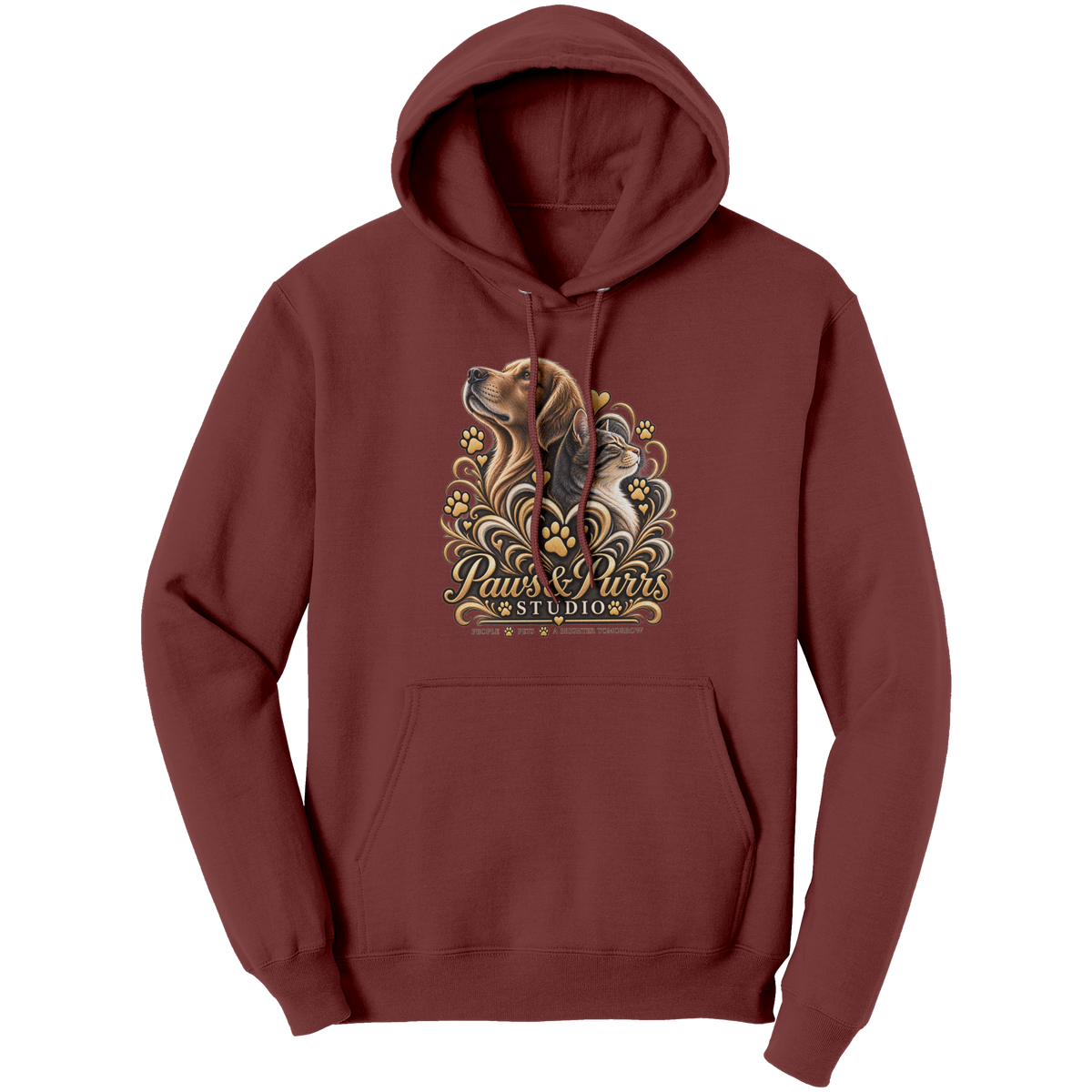 Maroon pet lover hoodie, front view with gold-tone dog-and-cat artwork and Paws & Purrs Studio lettering.
