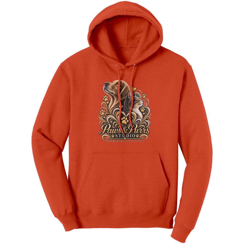 Orange pet lover hoodie, front view with gold-tone dog-and-cat artwork and Paws & Purrs Studio lettering.
