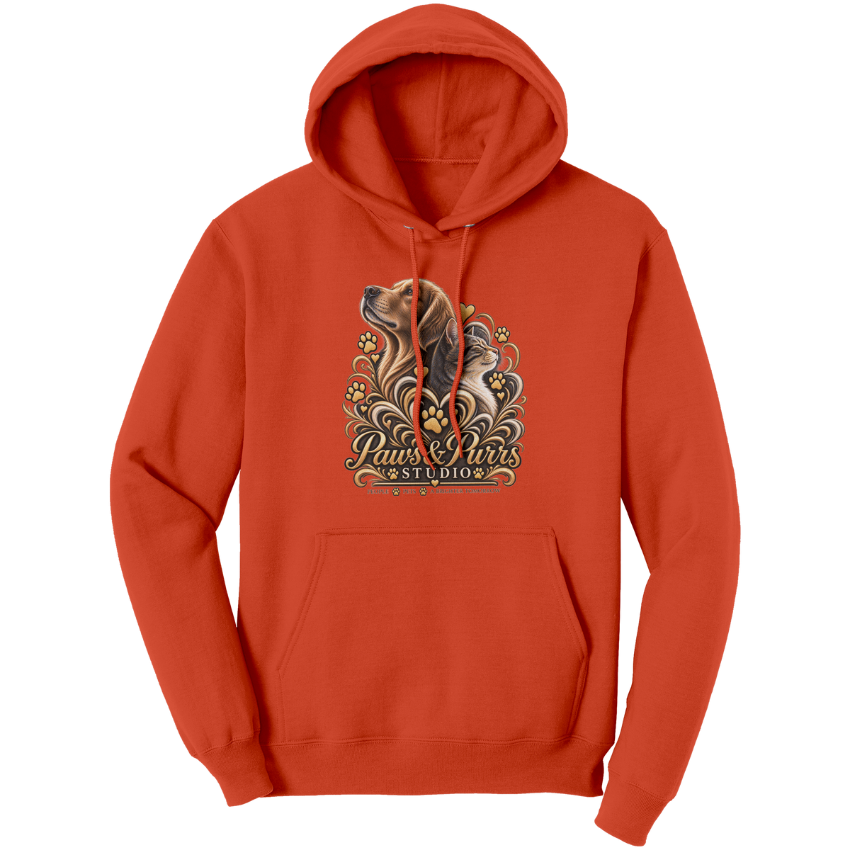 Orange pet lover hoodie, front view with gold-tone dog-and-cat artwork and Paws & Purrs Studio lettering.