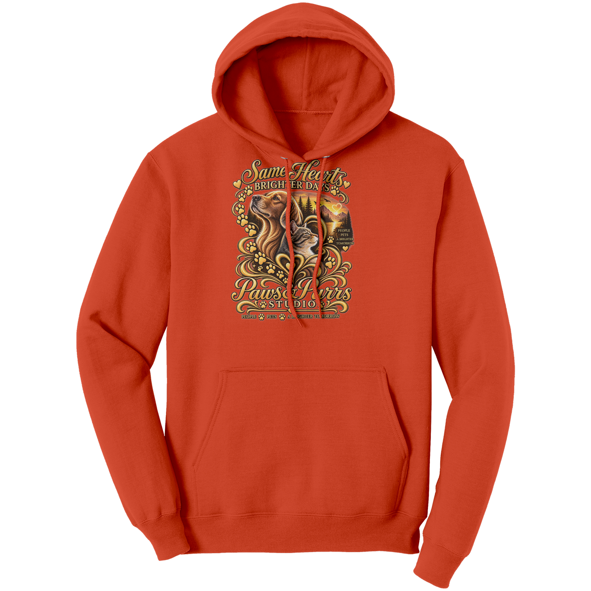 Orange hoodie mockup showing Same Hearts, Brighter Days dog-and-cat artwork on a front-facing hoodie.