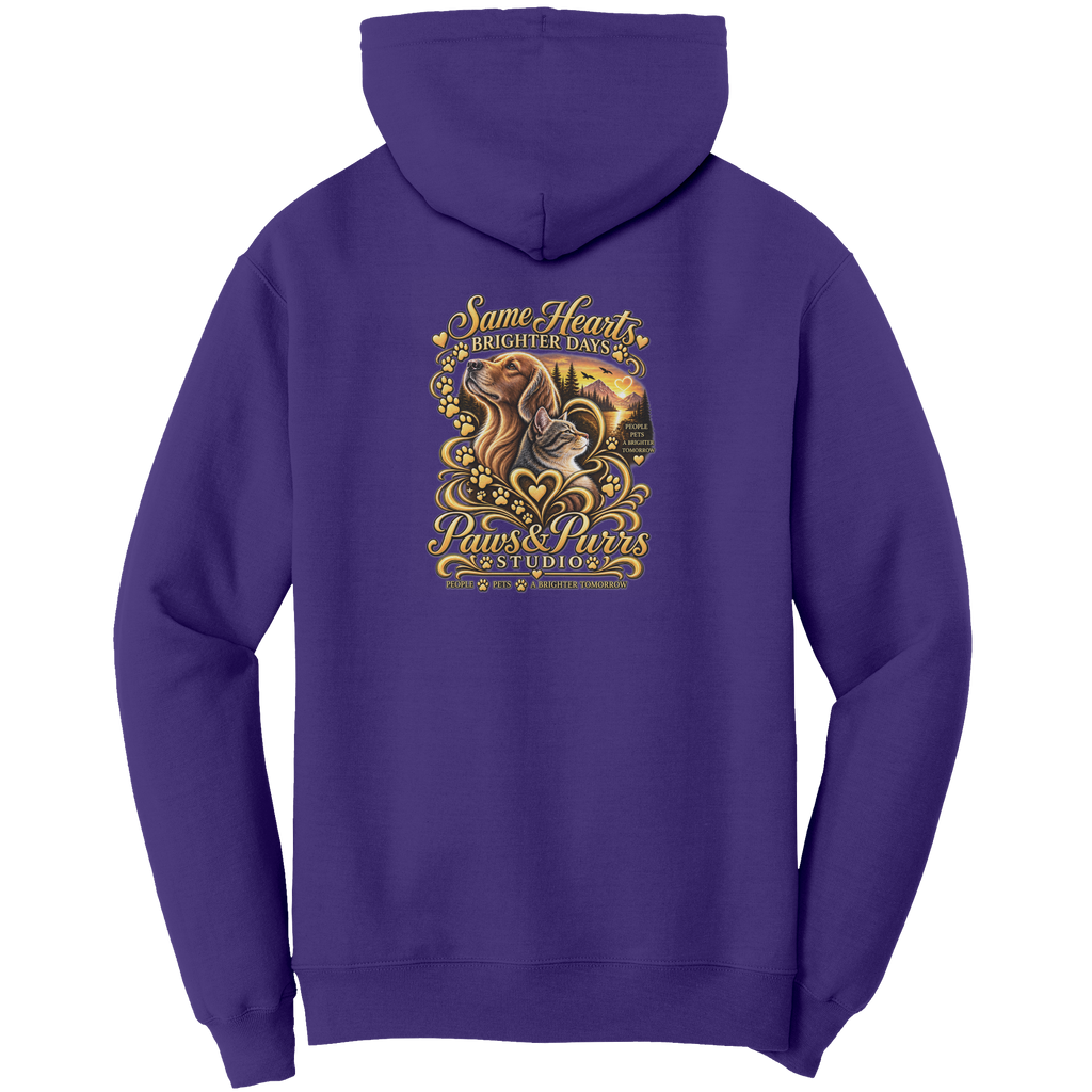 Purple hoodie, back view with Same Hearts, Brighter Days lettering, dog-and-cat artwork, paw prints and sunset.