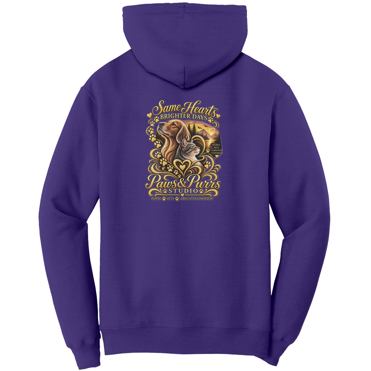 Purple hoodie, back view with Same Hearts, Brighter Days lettering, dog-and-cat artwork, paw prints and sunset.