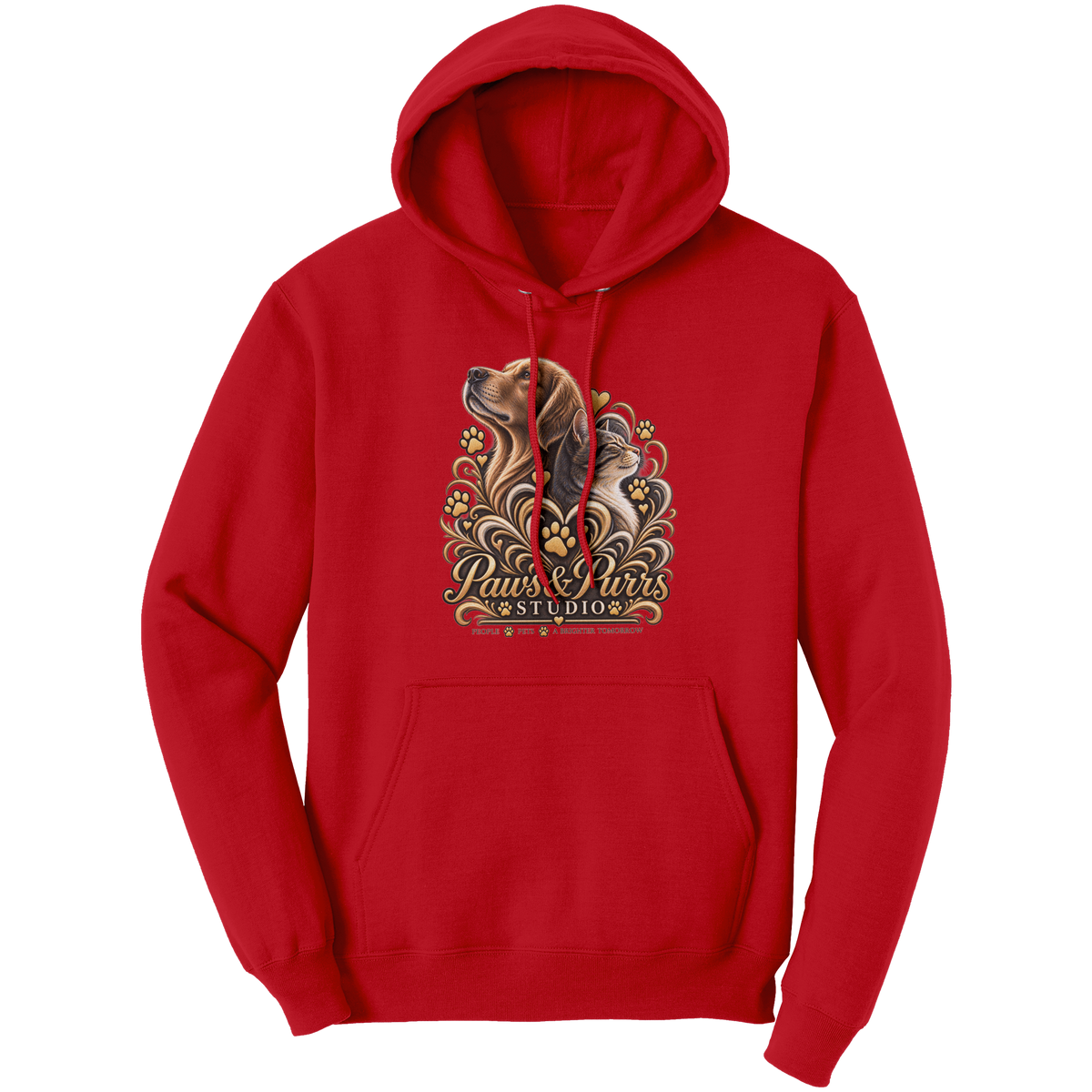 Red pet lover hoodie, front view with gold-tone dog-and-cat artwork and Paws & Purrs Studio lettering.