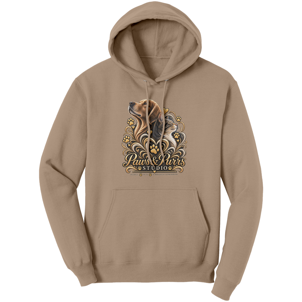 Sand pet lover hoodie, front view with gold-tone dog-and-cat artwork and Paws & Purrs Studio lettering.