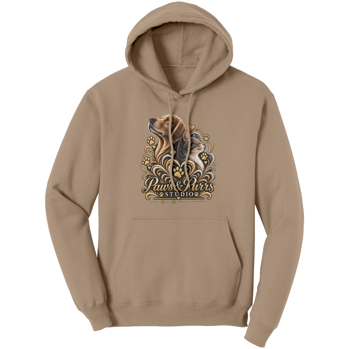 Sand pet lover hoodie, front view with gold-tone dog-and-cat artwork and Paws & Purrs Studio lettering.
