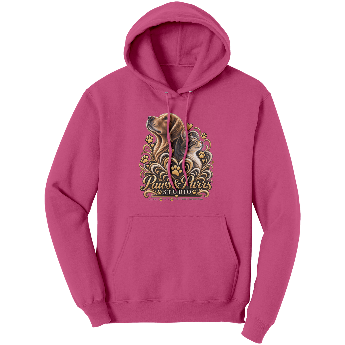 Sangria pet lover hoodie, front view with gold-tone dog-and-cat artwork and Paws & Purrs Studio lettering.