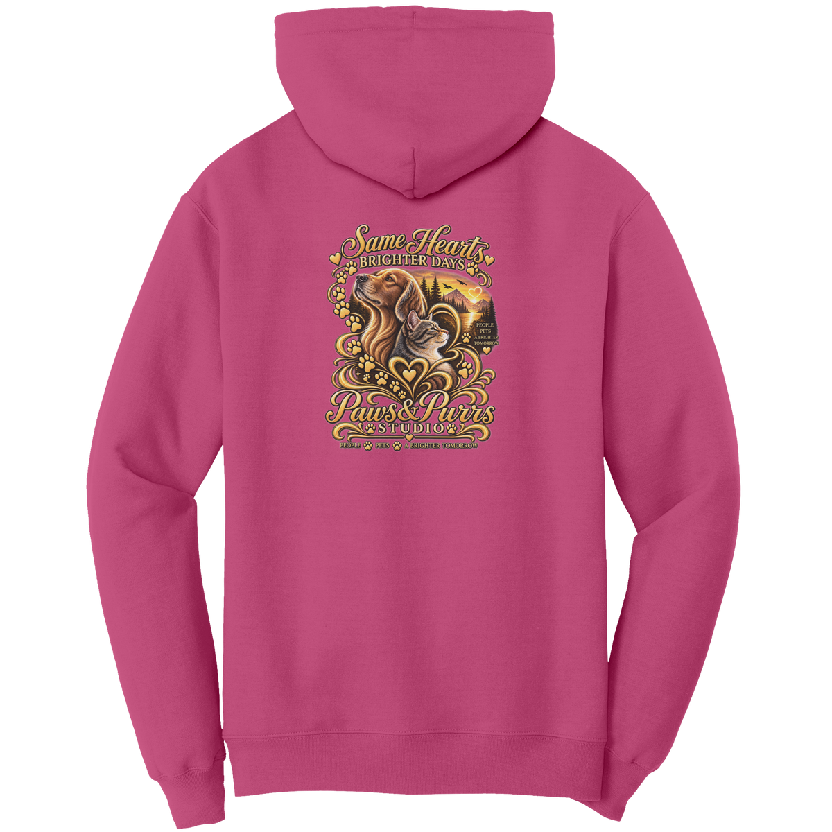 Sangria hoodie, back view with Same Hearts, Brighter Days lettering, dog-and-cat artwork, paw prints and sunset.