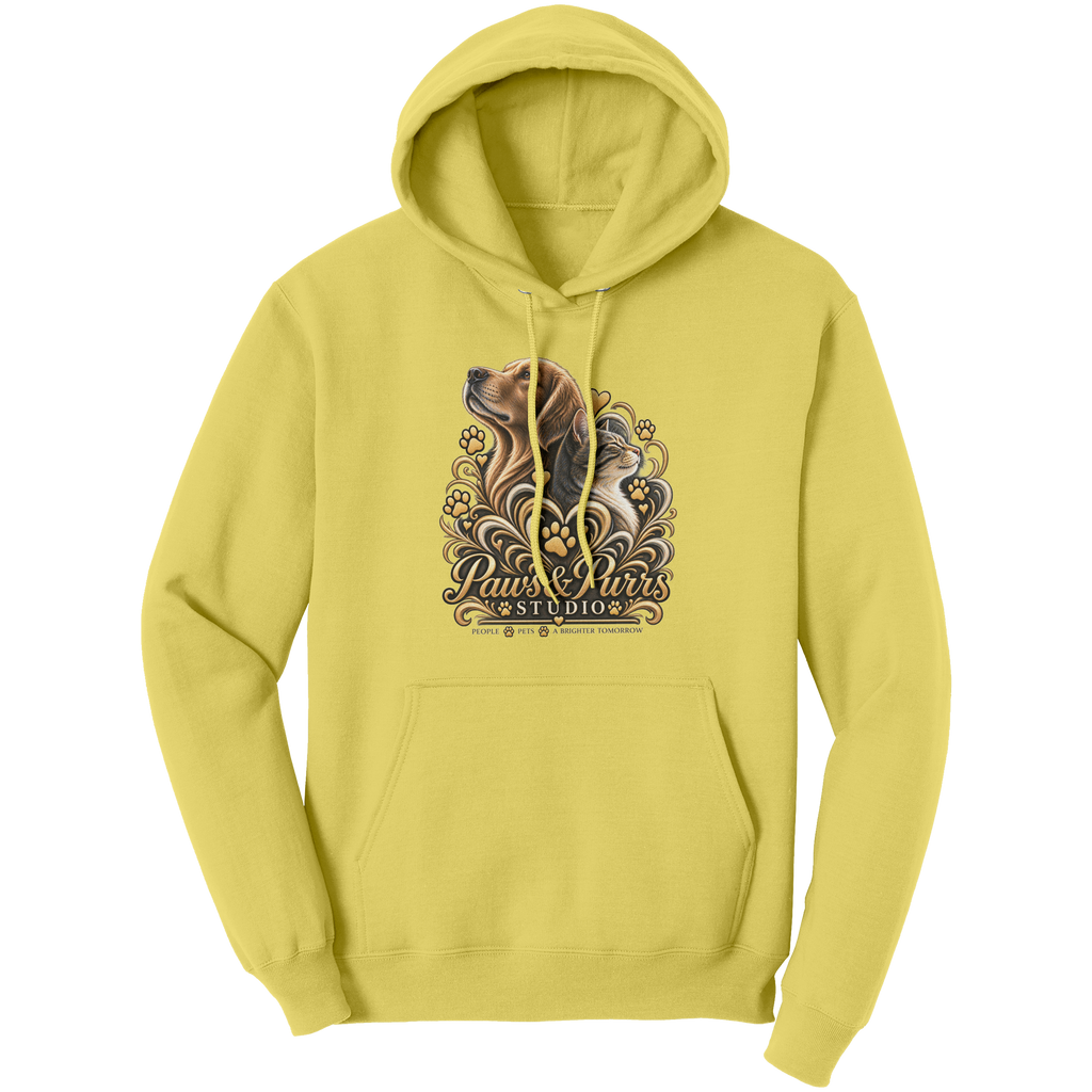Yellow pet lover hoodie, front view with gold-tone dog-and-cat artwork and Paws & Purrs Studio lettering.