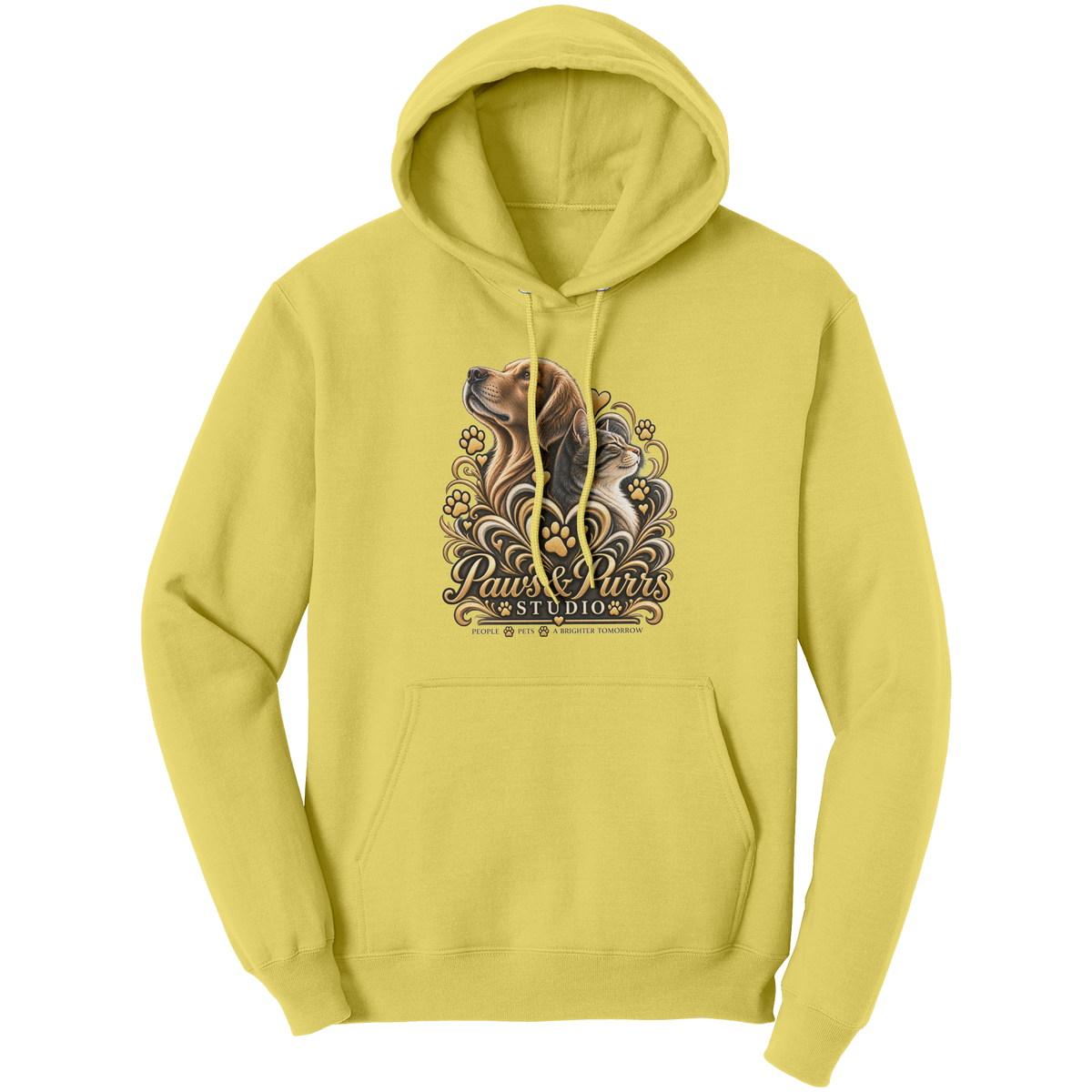 Yellow pet lover hoodie, front view with gold-tone dog-and-cat artwork and Paws & Purrs Studio lettering.