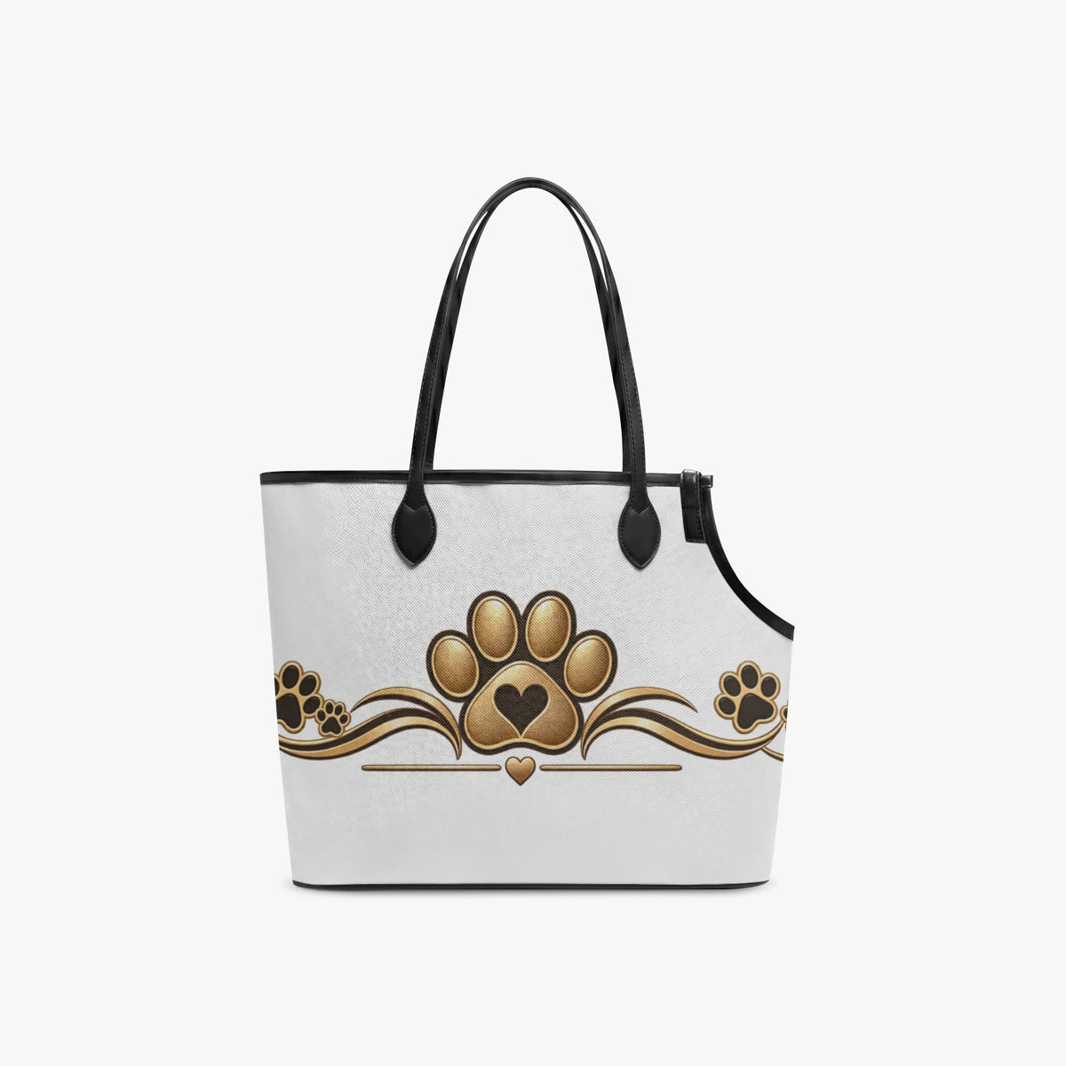 Back of the white pet carrier tote with a large gold paw, heart accents and black handles.