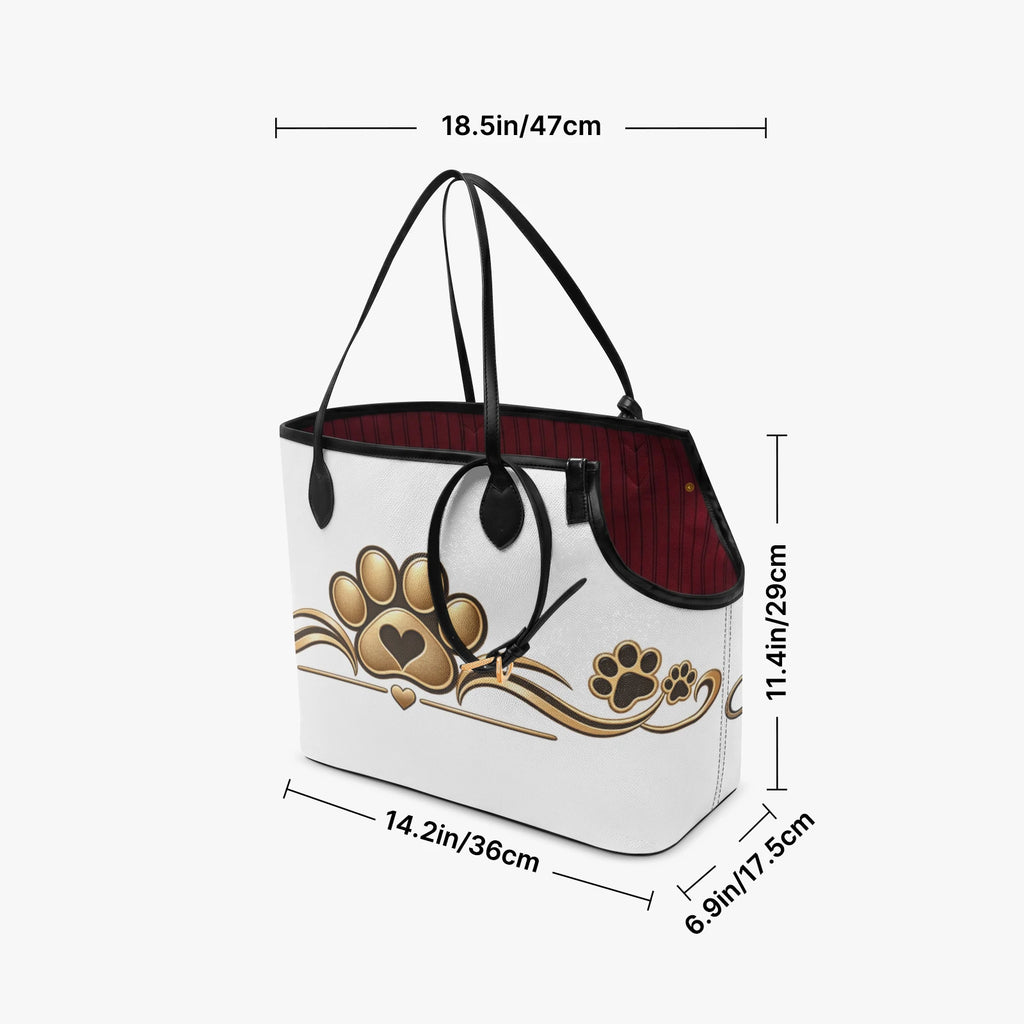 Pet tote size guide showing 14.2-inch length, 6.9-inch width and 11.4-inch height.
