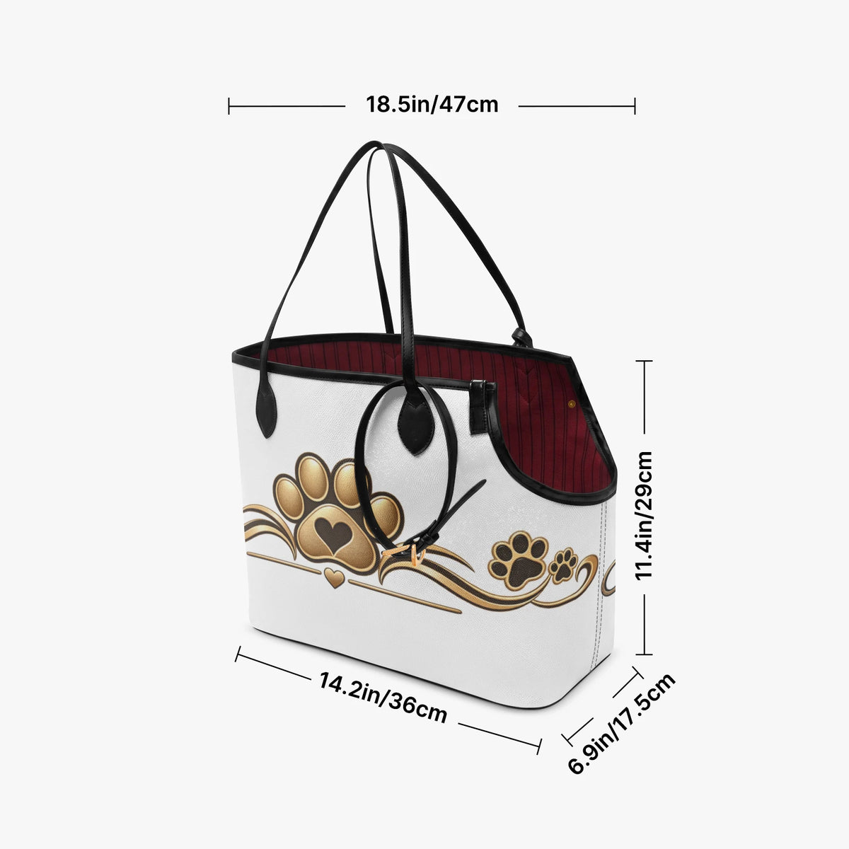 Pet tote size guide showing 14.2-inch length, 6.9-inch width and 11.4-inch height.